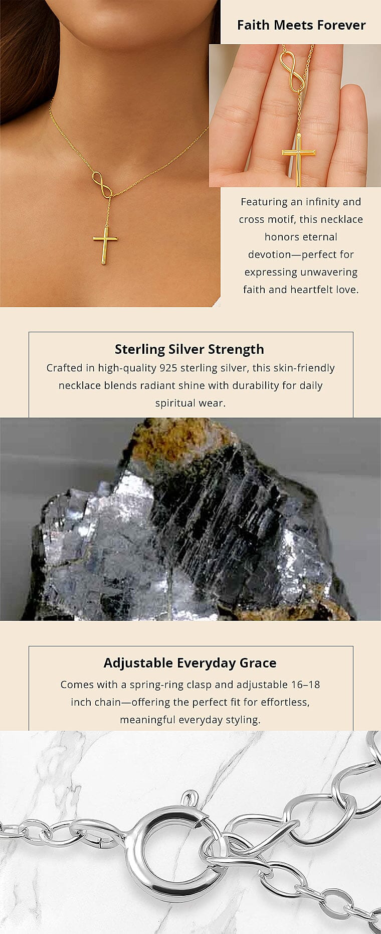 14K Yellow Gold Over Sterling Silver Cross Infinity Lariat Necklace 16-18 Inches 4.10 Grams Banner