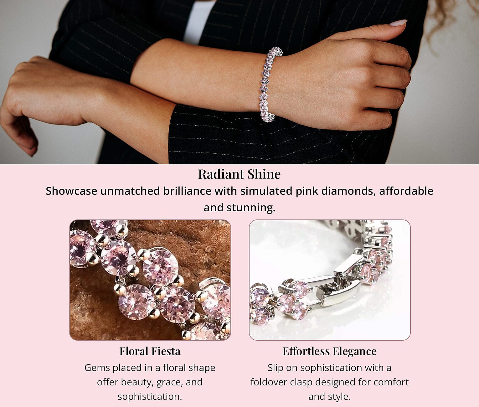 Simulated Pink Diamond Bracelet in Silvertone Banner