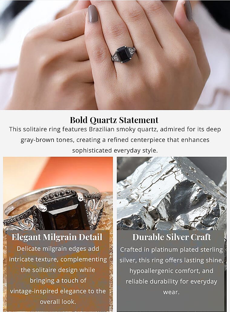 Brazilian Smoky Quartz Solitaire Ring in Platinum Over Sterling Silver 3.65 ctw Banner