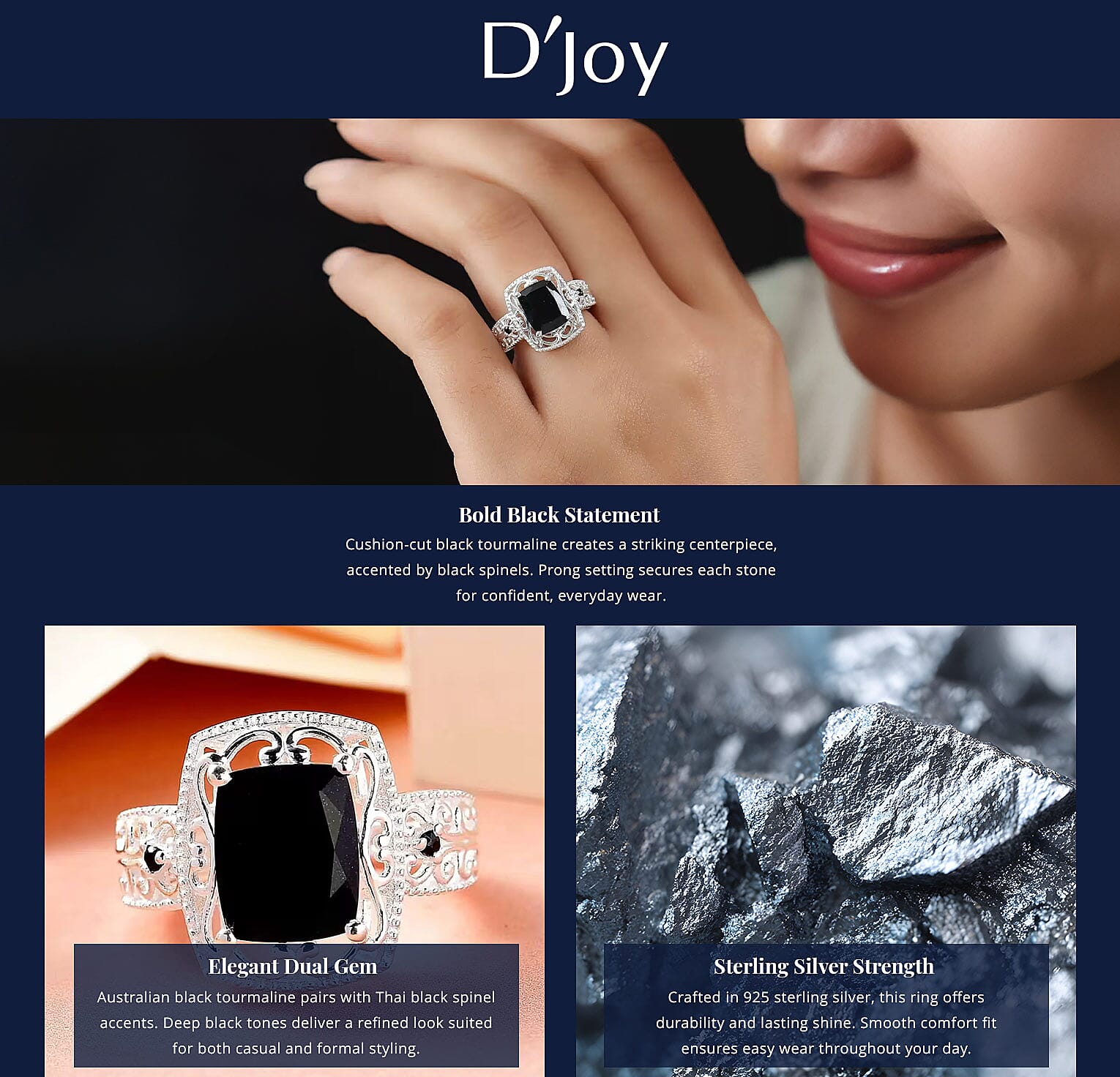 D'Joy Australian Black Tourmaline, Thai Black Spinel Ring in Sterling Silver 3.40 ctw Banner