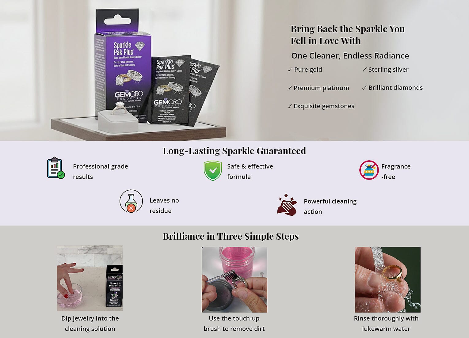 GEMORO Sparkle Pak Plus: Set of 10 Jewelry Cleaning Solution Packs , At Home Best Jewelry Cleaner , Silver Cleaning Solution Banner