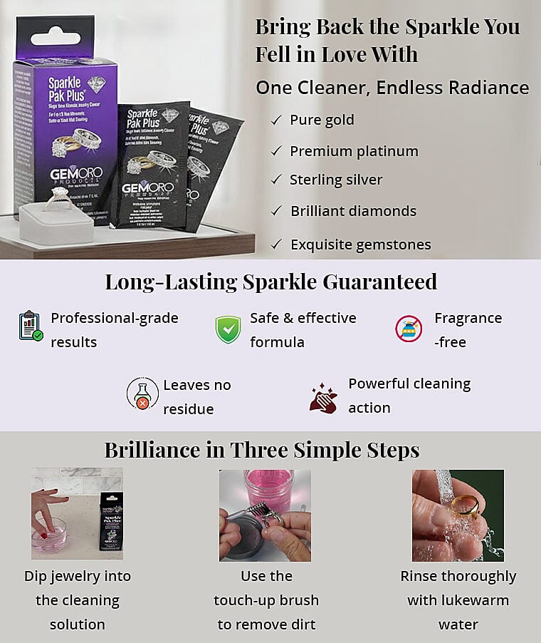 GEMORO Sparkle Pak Plus: Set of 10 Jewelry Cleaning Solution Packs , At Home Best Jewelry Cleaner , Silver Cleaning Solution Banner