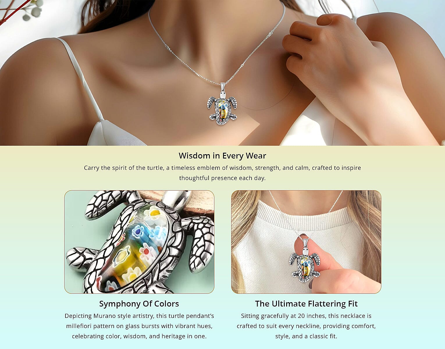 Multi Color Murano Style Turtle Pendant Necklace 20 Inches in Black Oxidized Stainless Steel Banner