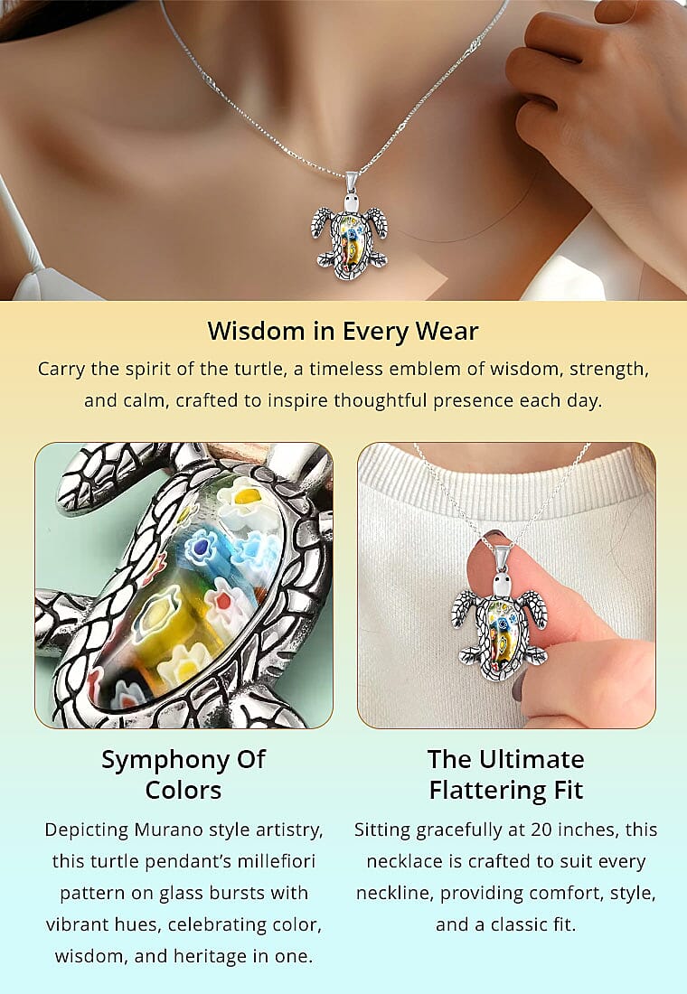 Multi Color Murano Style Turtle Pendant Necklace 20 Inches in Black Oxidized Stainless Steel Banner