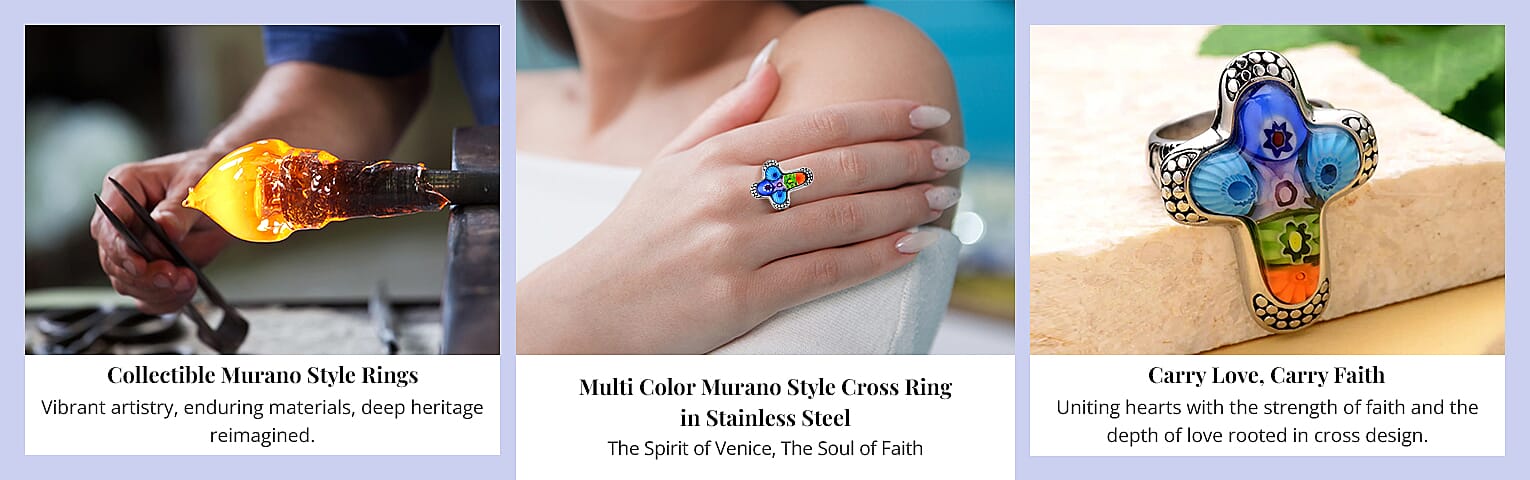 Multi Color Murano Style Cross Ring in Stainless Steel Banner