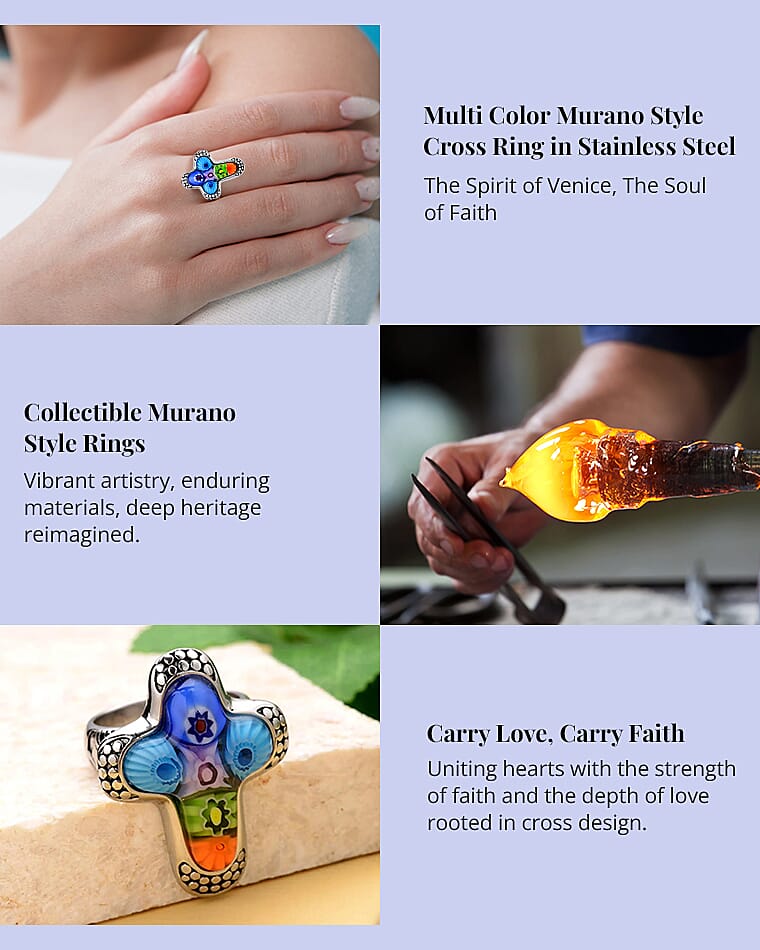 Multi Color Murano Style Cross Ring in Stainless Steel Banner