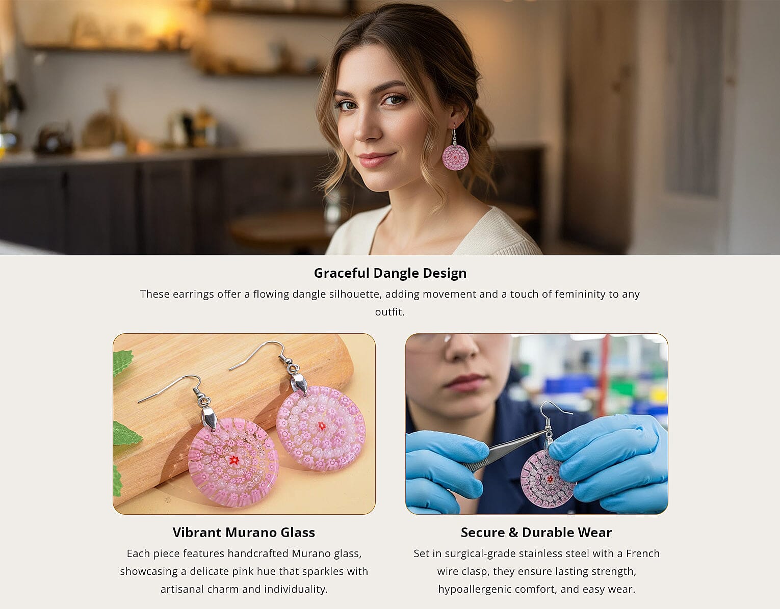 Pink Murano Style Dangle Earrings in Stainless Steel Banner