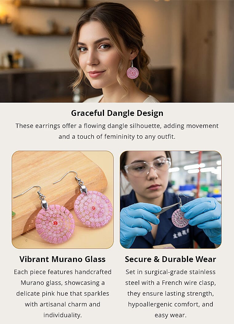 Pink Murano Style Dangle Earrings in Stainless Steel Banner