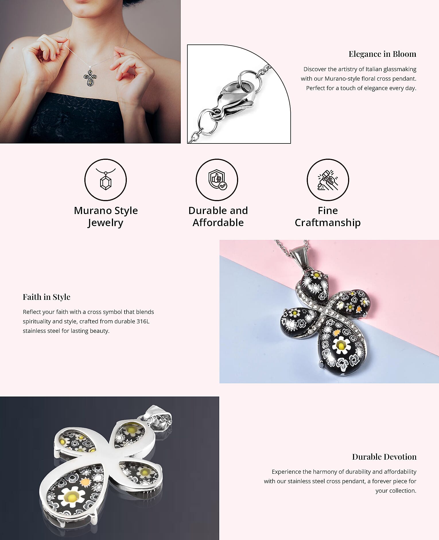 Murano Style Glass Necklace For Women in Stainless steel, Cross Pendant Banner