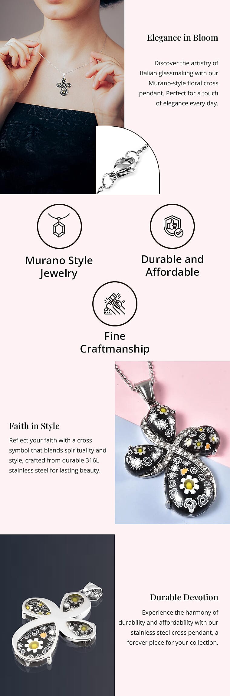 Murano Style Glass Necklace For Women in Stainless steel, Cross PendantBanner