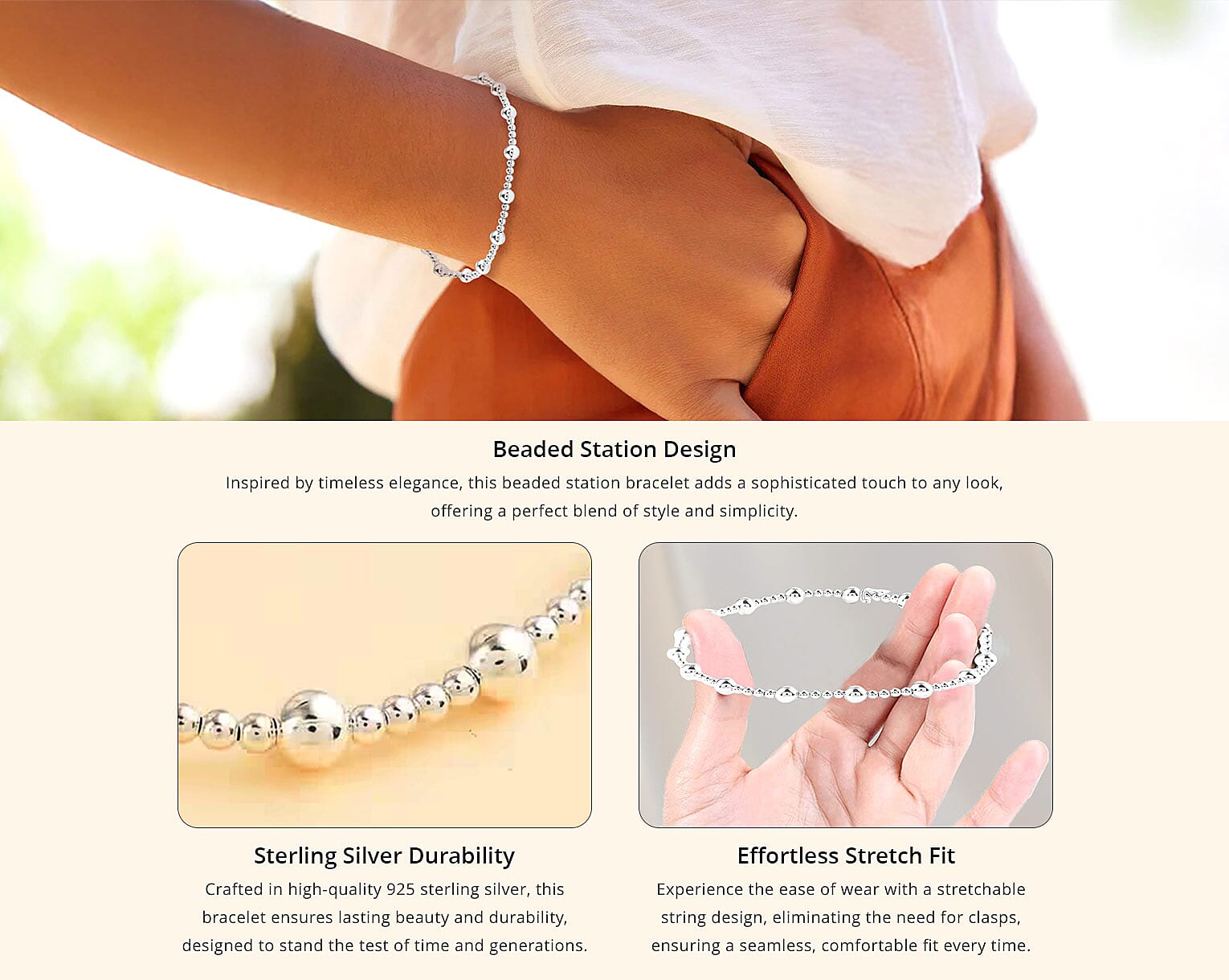 Station Bracelet in 925 Sterling Silver, Bead Silver Bracelet For Women Banner