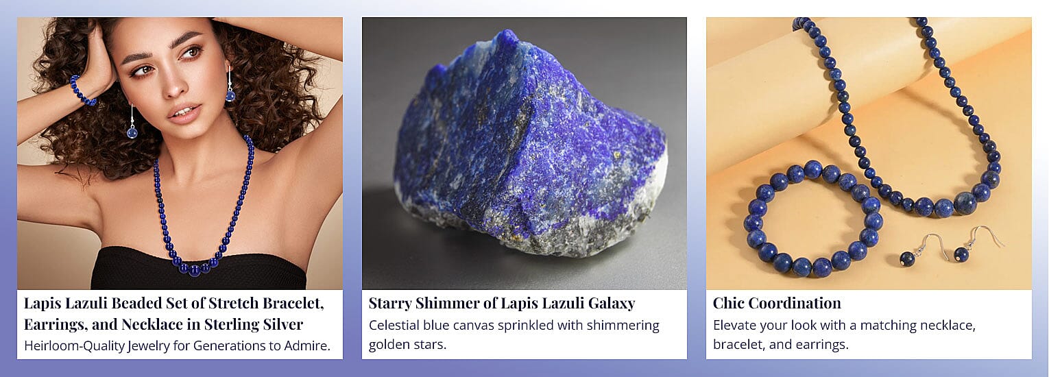 Lapis Lazuli Beaded Set of Stretch Bracelet, Earrings, and Necklace  Banner