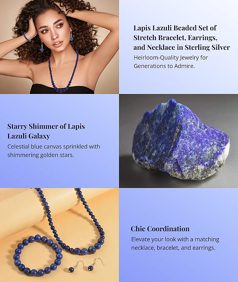 Lapis Lazuli Beaded Set of Stretch Bracelet, Earrings, and Necklace Banner