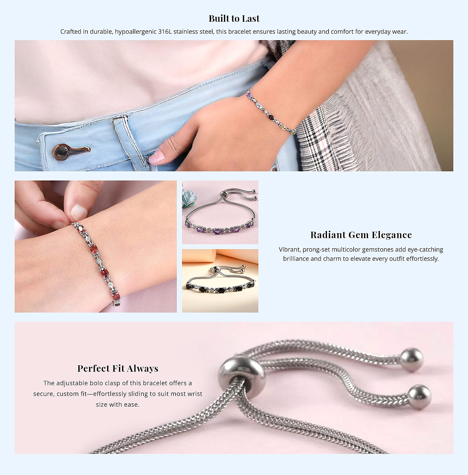 Multi Gemstone Bolo Bracelet in Stainless Steel Banner