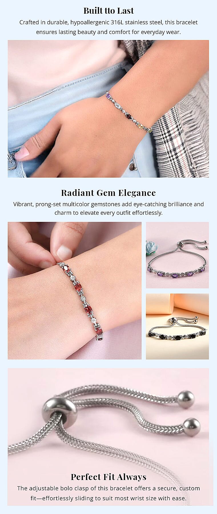 Multi Gemstone Bolo Bracelet in Stainless Steel Banner