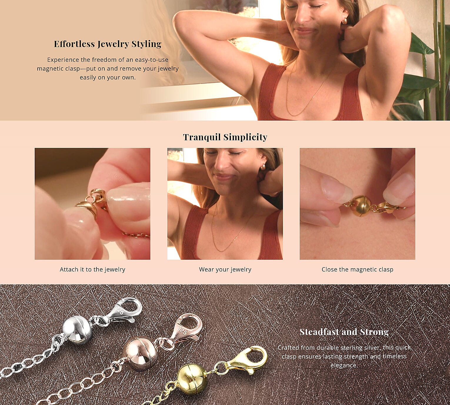 Magnetic Ball Clasp Extender in 14K Rose Gold Over Sterling Silver, Jewelry Extender with Lobster Clasp, Silver Clasp Extension Banner