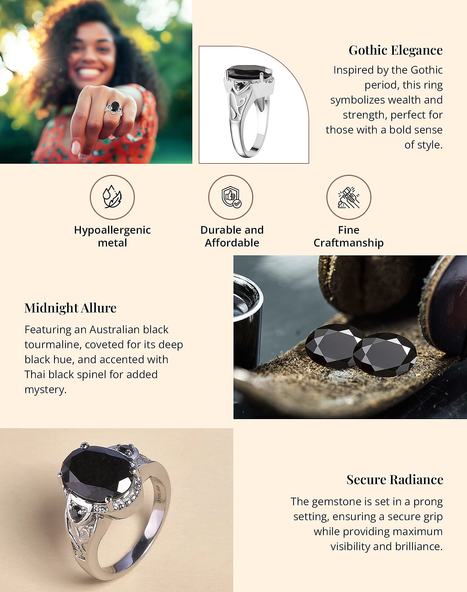 Australian Black Tourmaline and Thai Black Spinel Ring in Stainless Steel Banner