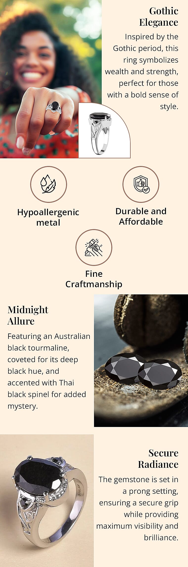 Australian Black Tourmaline and Thai Black Spinel Ring in Stainless SteelBanner