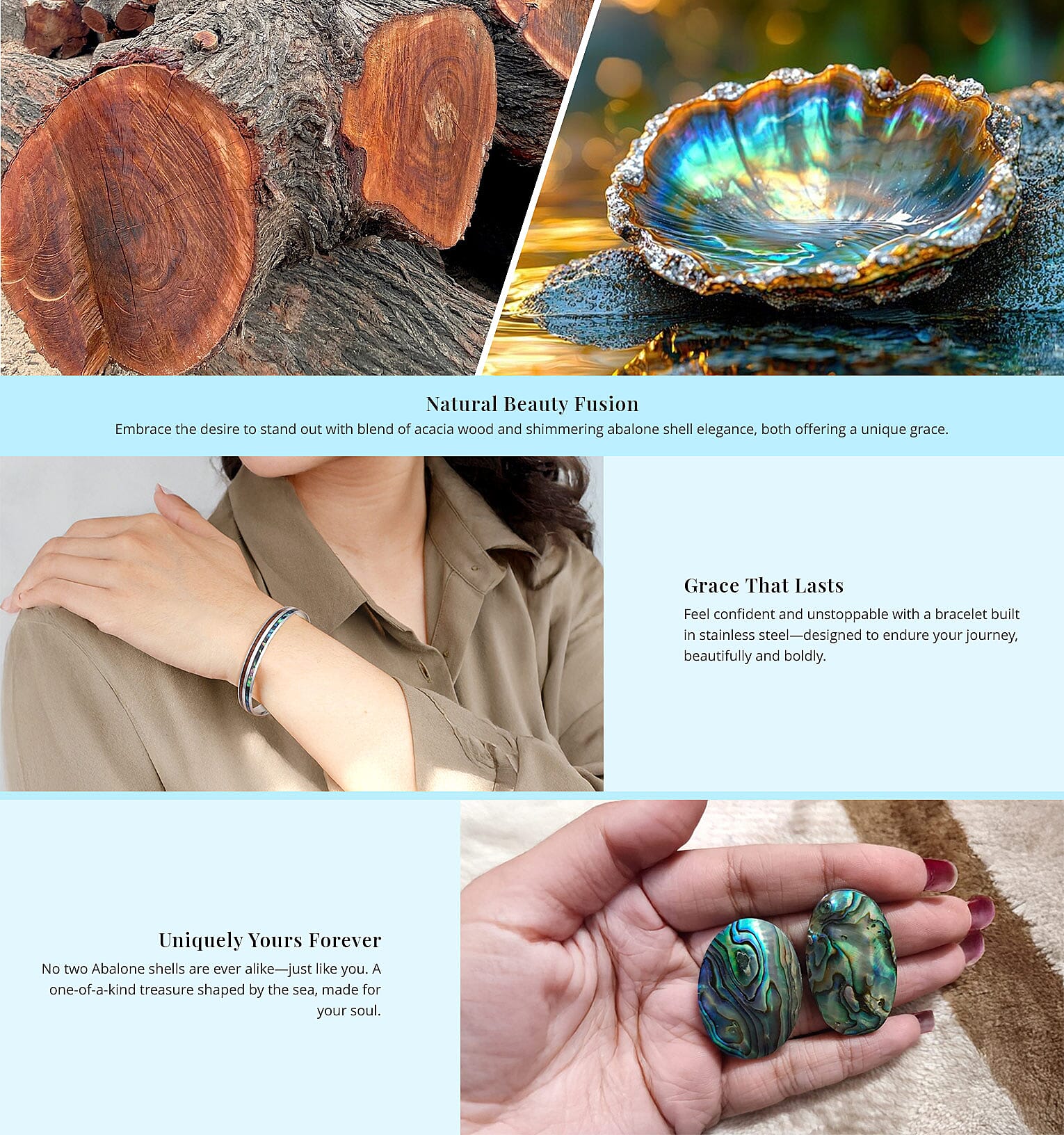 Acacia Wood With Abalone Shell Enameled Bangle Bracelet For Women Girls Banner