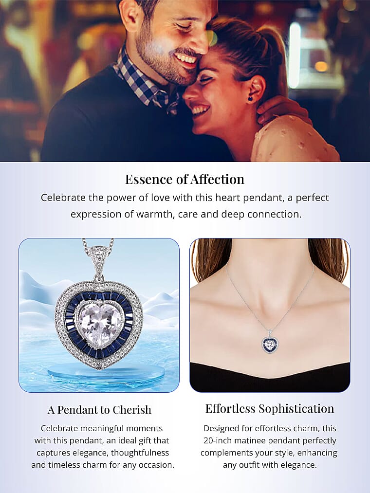 Simulated White and Blue Diamond Heart Pendant in Silvertone with Stainless Steel Banner