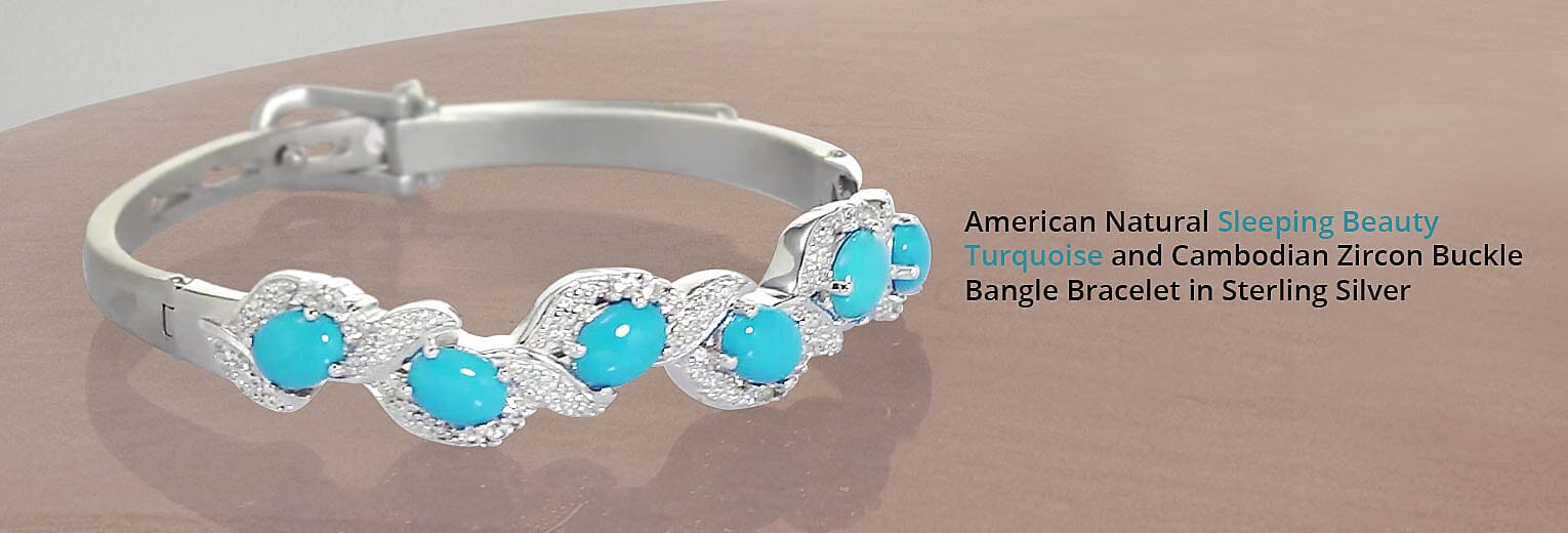 American Natural Sleeping Beauty Turquoise and Cambodian Zircon Buckle Bangle Bracelet in Sterling Silver Banner