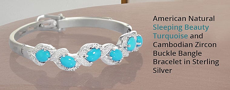 American Natural Sleeping Beauty Turquoise and Cambodian Zircon Buckle Bangle Bracelet in Sterling Silver Banner