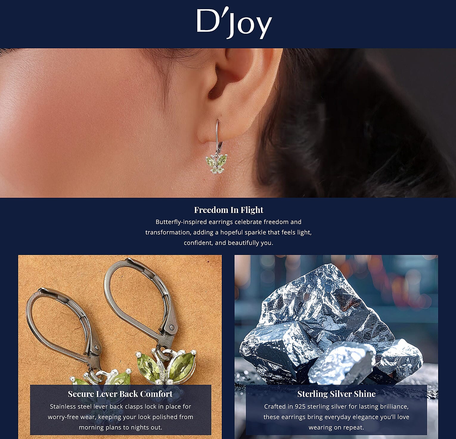 D'Joy Peridot 0.80 ctw Butterfly Earrings in Sterling Silver with Stainless Steel Lever Back Banner