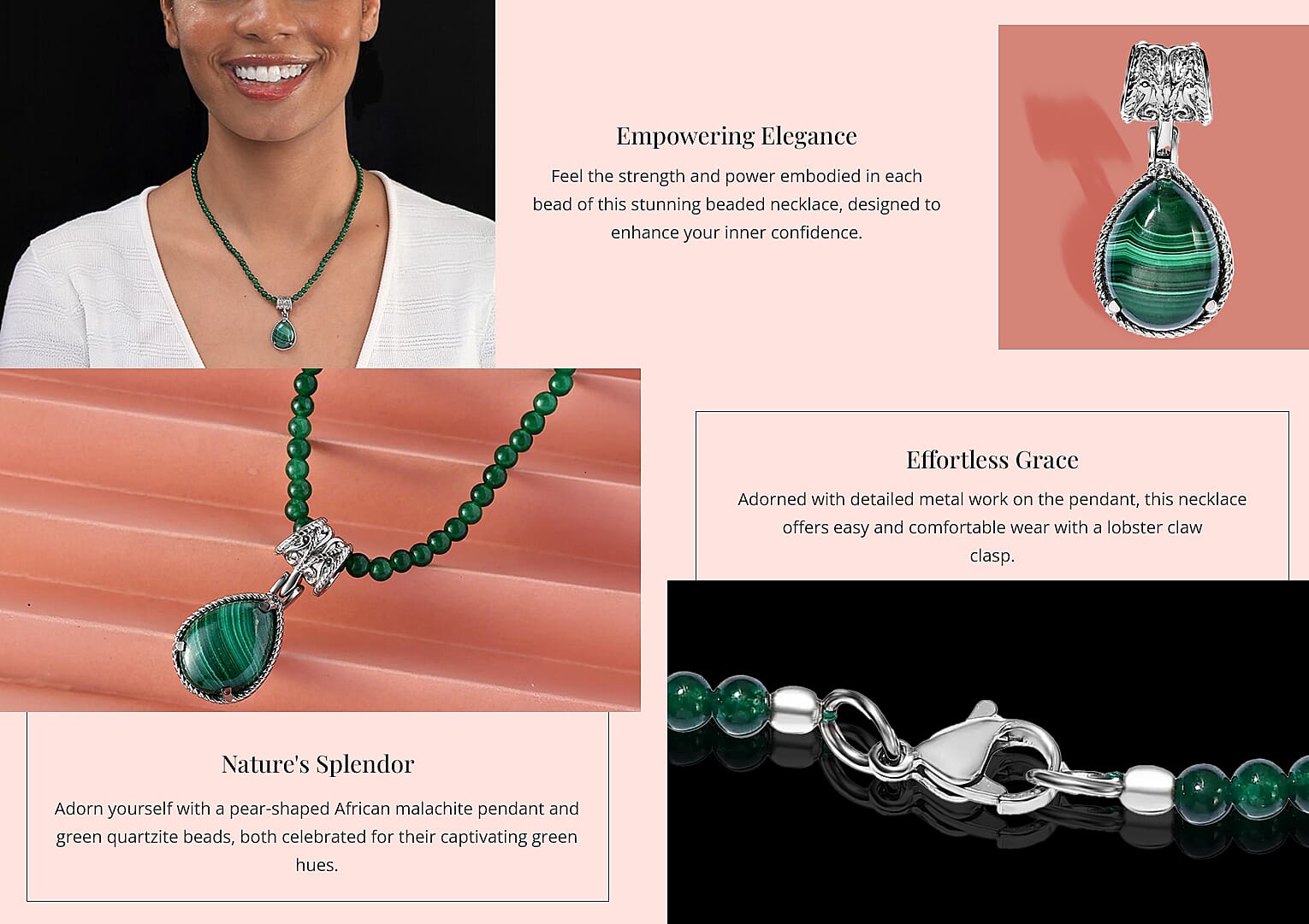 African Malachite 69.40 ctw Pendant With Green Quartzite Bead Necklace 20 Inches in Stainless Steel Banner