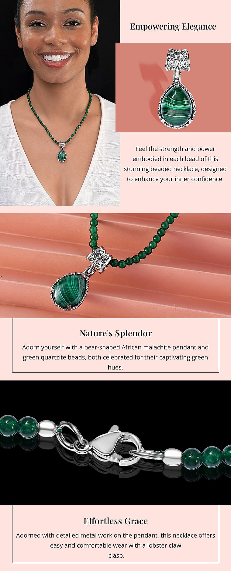 African Malachite 69.40 ctw Pendant With Green Quartzite Bead Necklace 20 Inches in Stainless SteelBanner