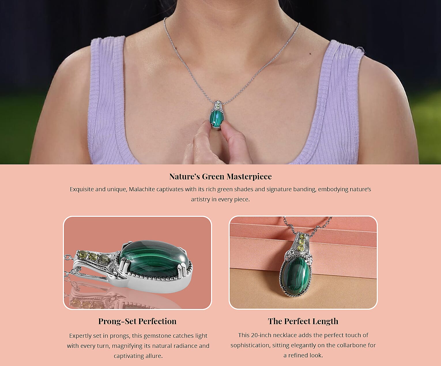 African Malachite Pendant Necklace in Stainless Steel, Peridot Necklace Banner