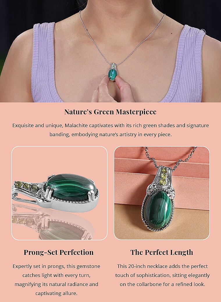 African Malachite Pendant Necklace in Stainless Steel, Peridot NecklaceBanner