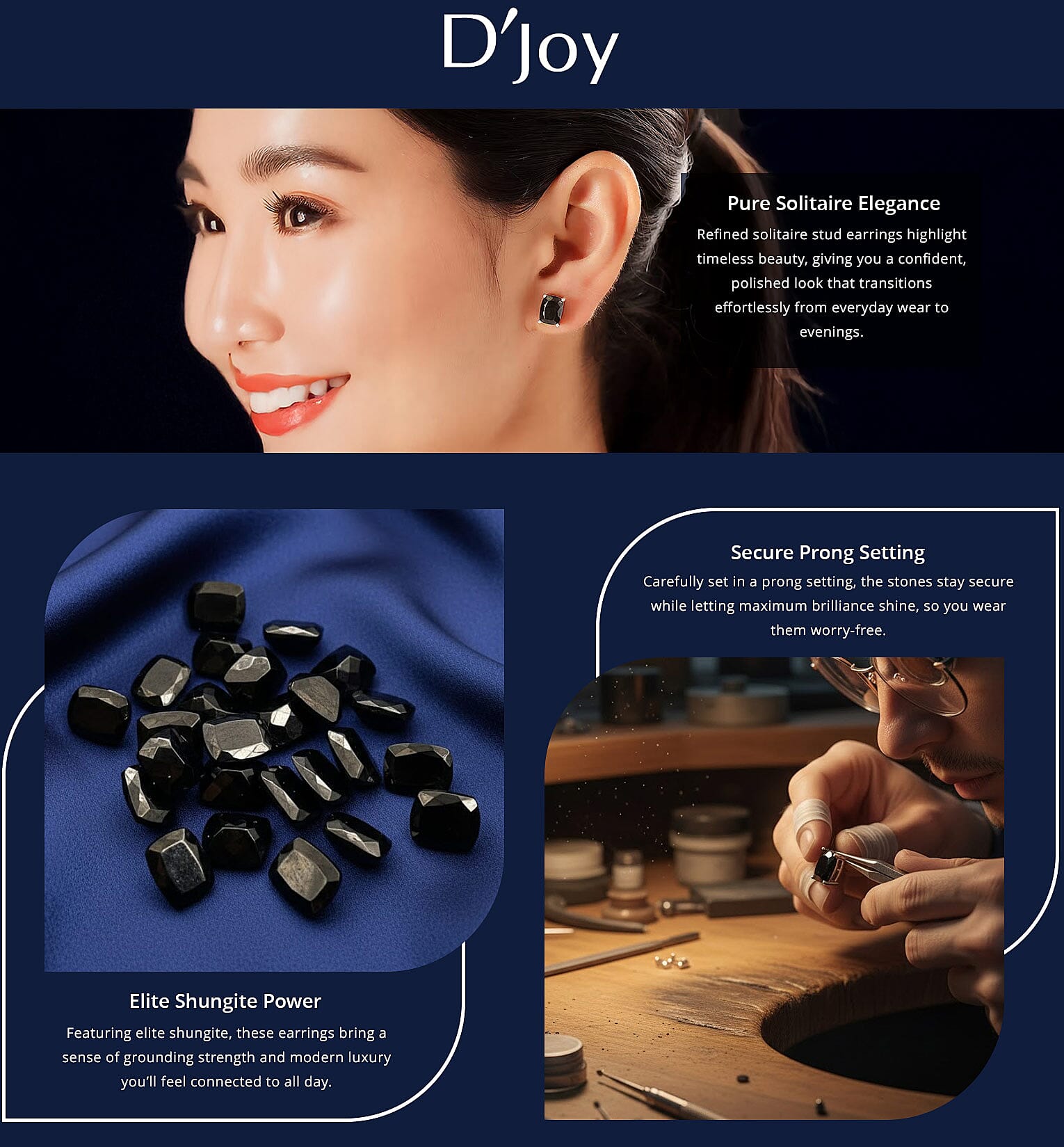 D'Joy Elite Shungite 2.30 ctw Solitaire Stud Earrings in Platinum Over Sterling Silver Banner