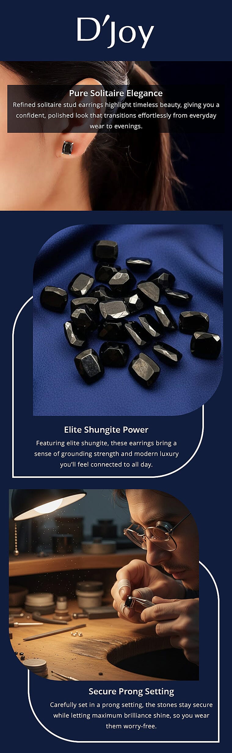 D'Joy Elite Shungite 2.30 ctw Solitaire Stud Earrings in Platinum Over Sterling Silver Banner