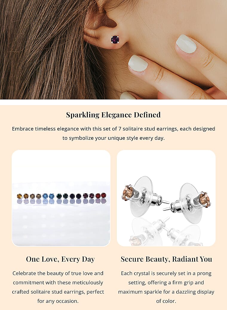 Multi Color Crystal Set of 7 Stud Earrings in Sterling SilverBanner