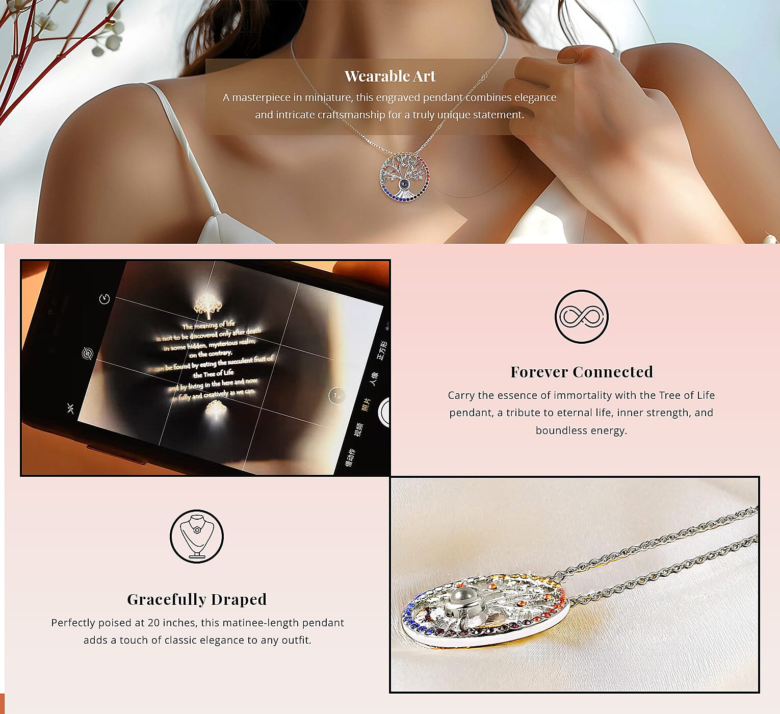 Multi Color Austrian Crystal Hidden Message Tree of Life Pendant Necklace 20 Inches Banner