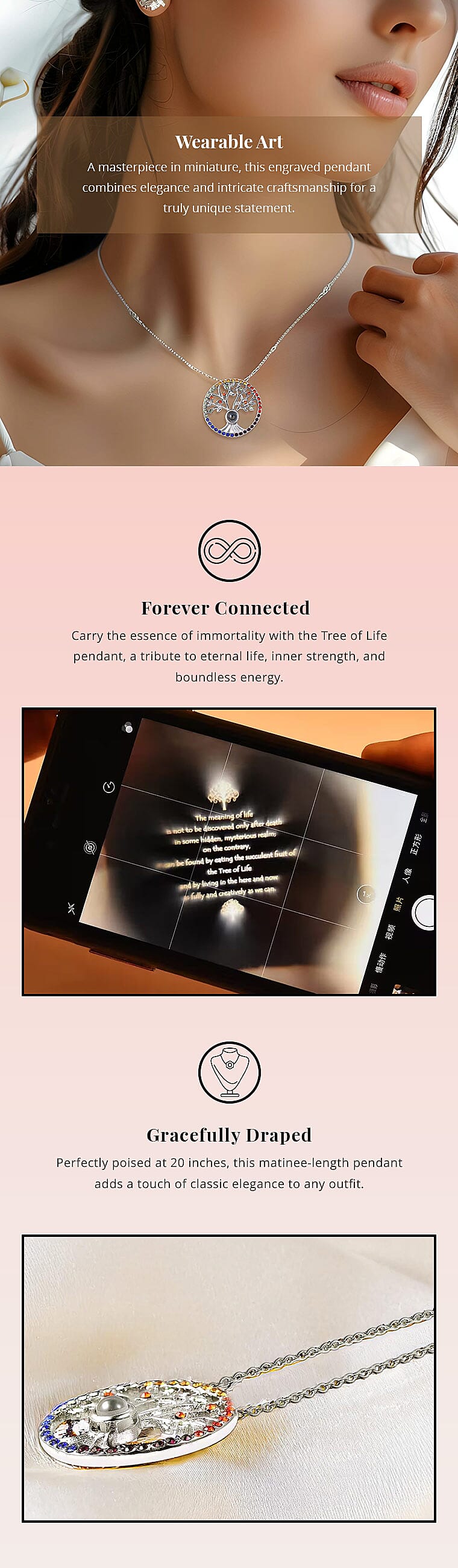 Multi Color Austrian Crystal Hidden Message Tree of Life Pendant Necklace 20 Inches Banner