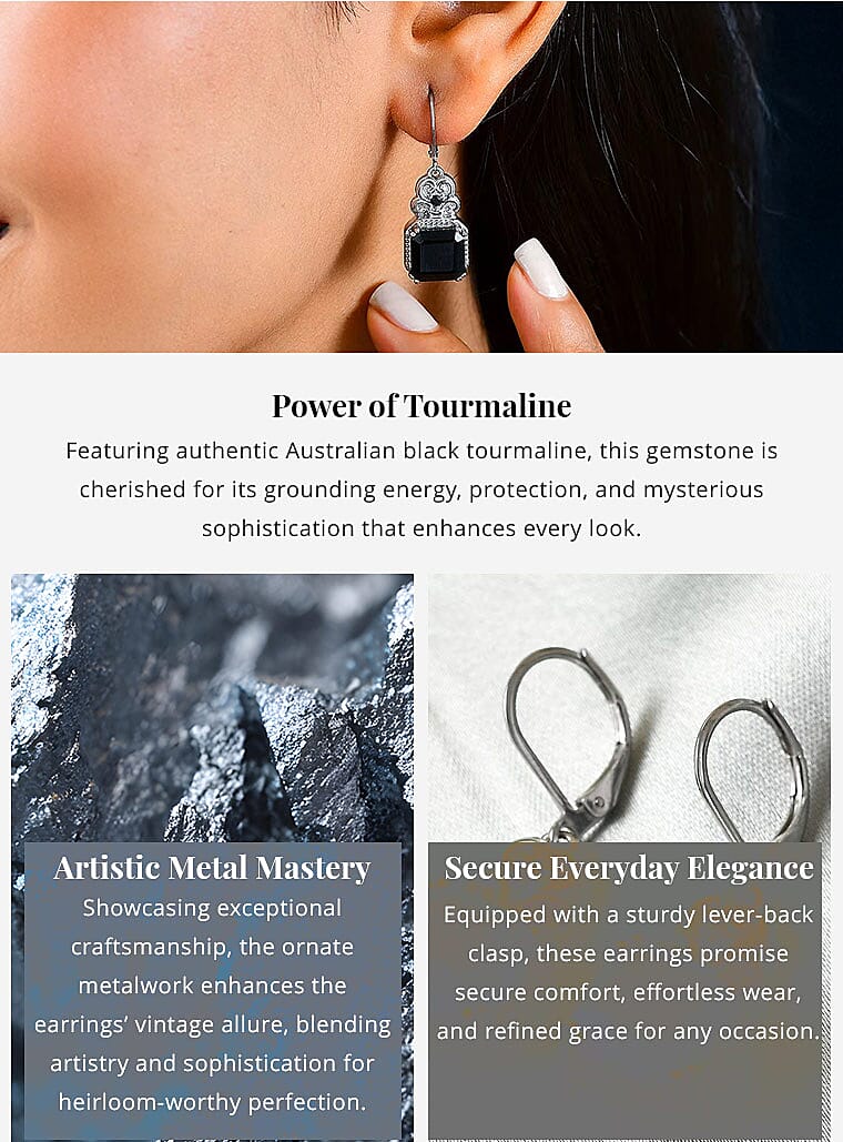 Asscher Cut Australian Black Tourmaline and Thai Black Spinel 6.85 ctw Lever Back Earrings in Stainless Steel Banner
