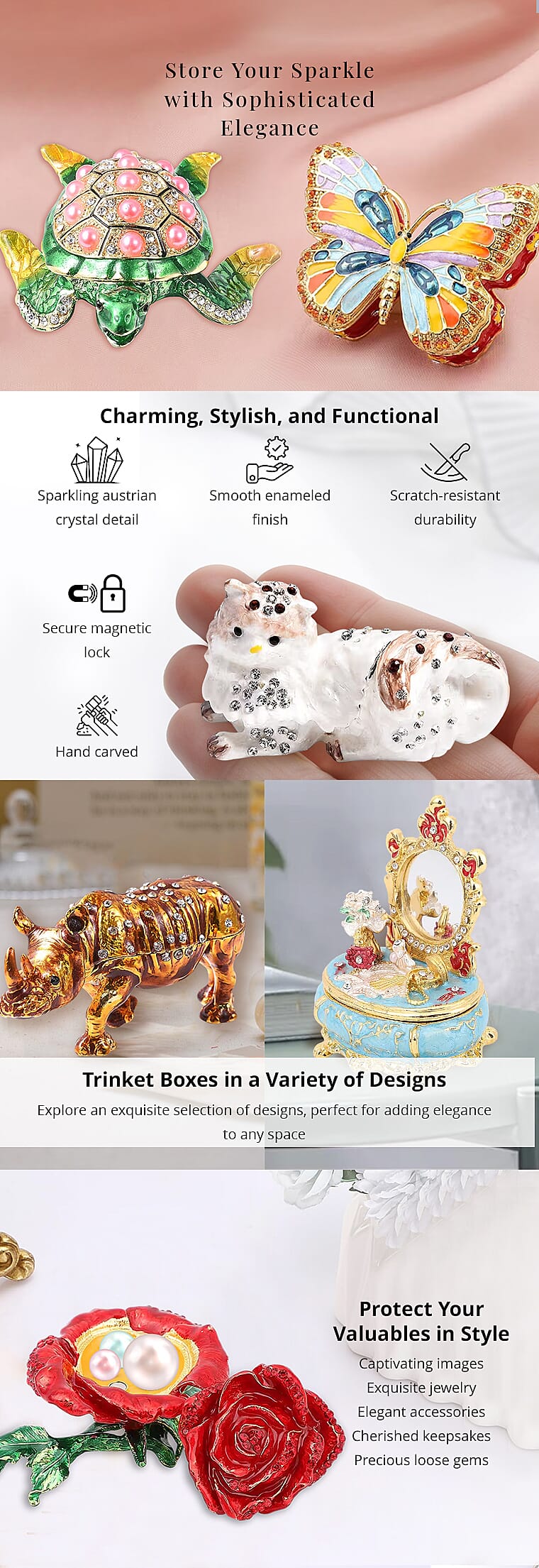 Multi Color Austrian Crystal, Enameled Cat Trinket Box in Silvertone Banner