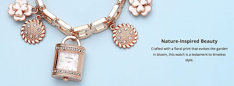 Strada Japanese Movement White Austrian Crystal Multi-charm Bracelet Watch in RosetoneBanner