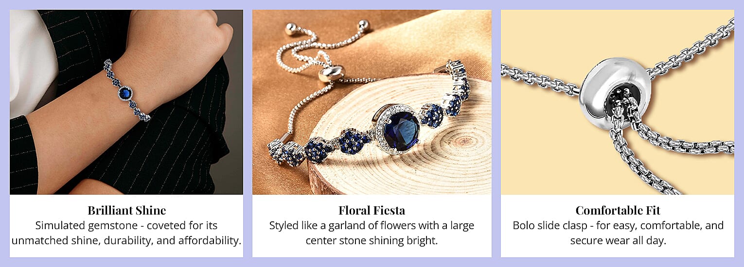 Simulated Blue Sapphire and Simulated Blue and White Diamond Bolo Bracelet in Silvertone & Stainless Steel Banner