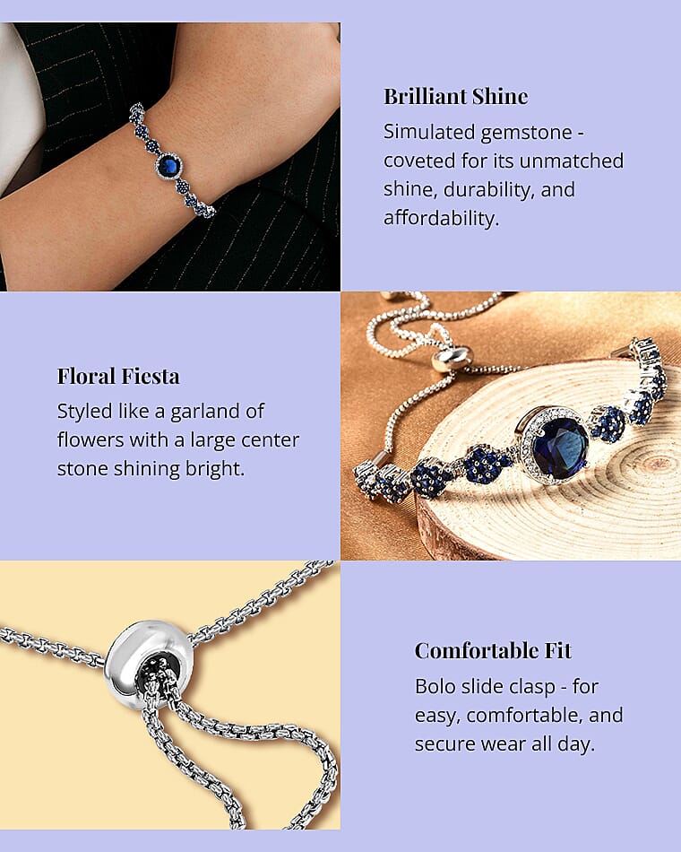 Simulated Blue Sapphire and Simulated Blue and White Diamond Bolo Bracelet in Silvertone & Stainless Steel Banner