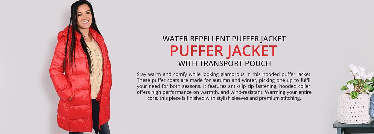 Water Repellent Puffer Jacket with Transport Pouch Banner