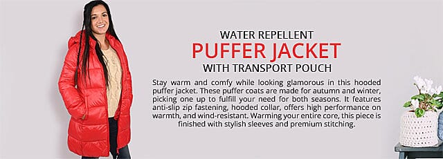 Water Repellent Puffer Jacket with Transport Pouch Banner