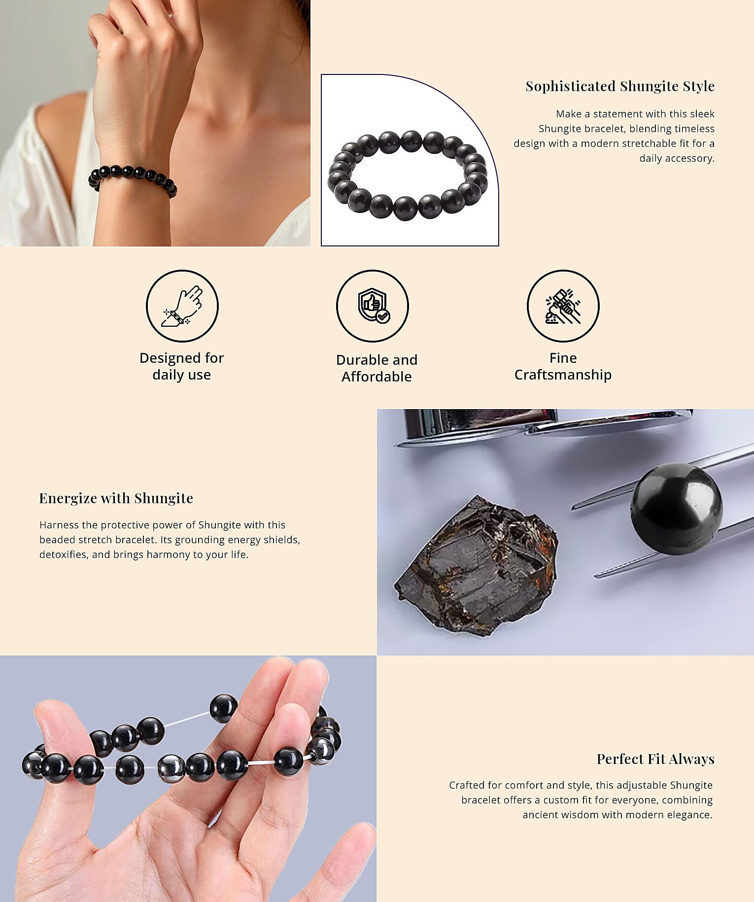 Shungite 128.00 ctw Beaded Stretch Bracelet Banner