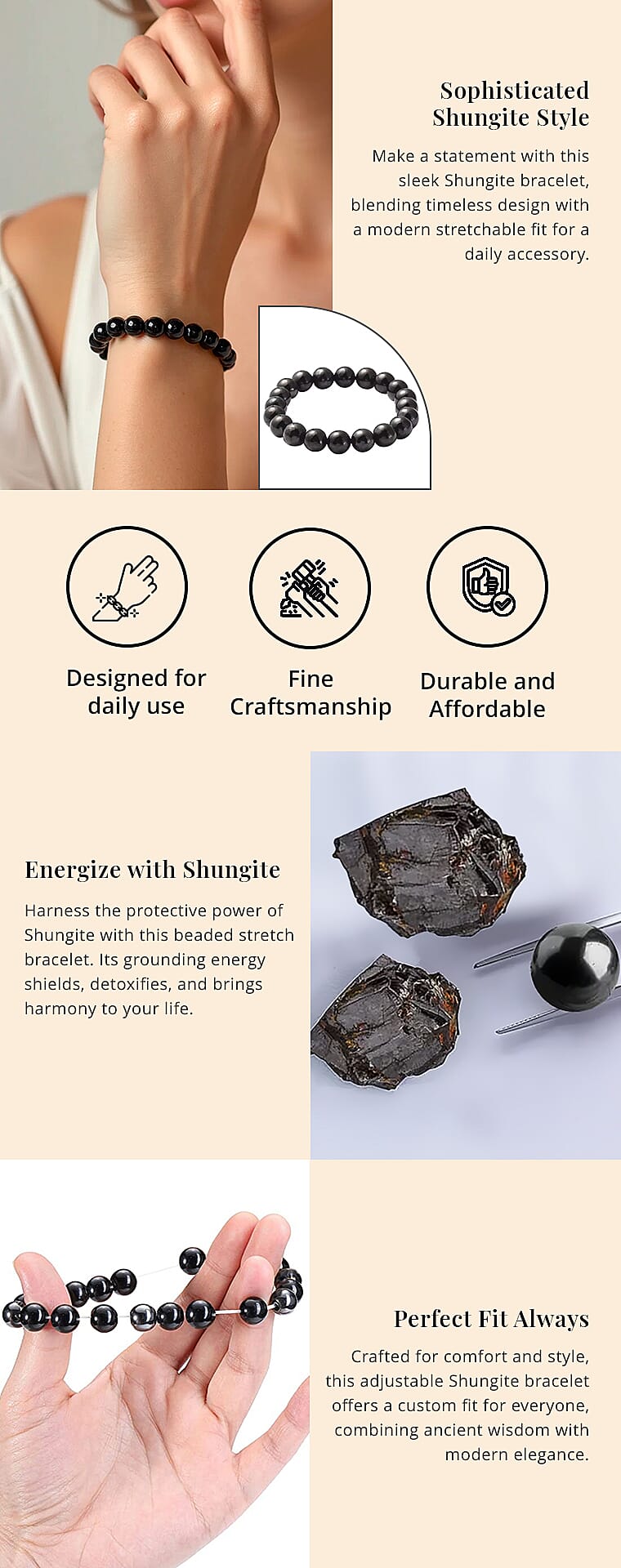 Shungite 128.00 ctw Beaded Stretch Bracelet Banner