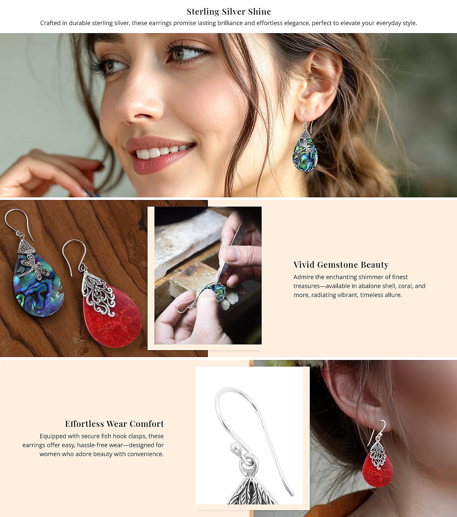 Abalone Shell Dragonfly Earrings in Sterling Silver, Drop Earrings Banner