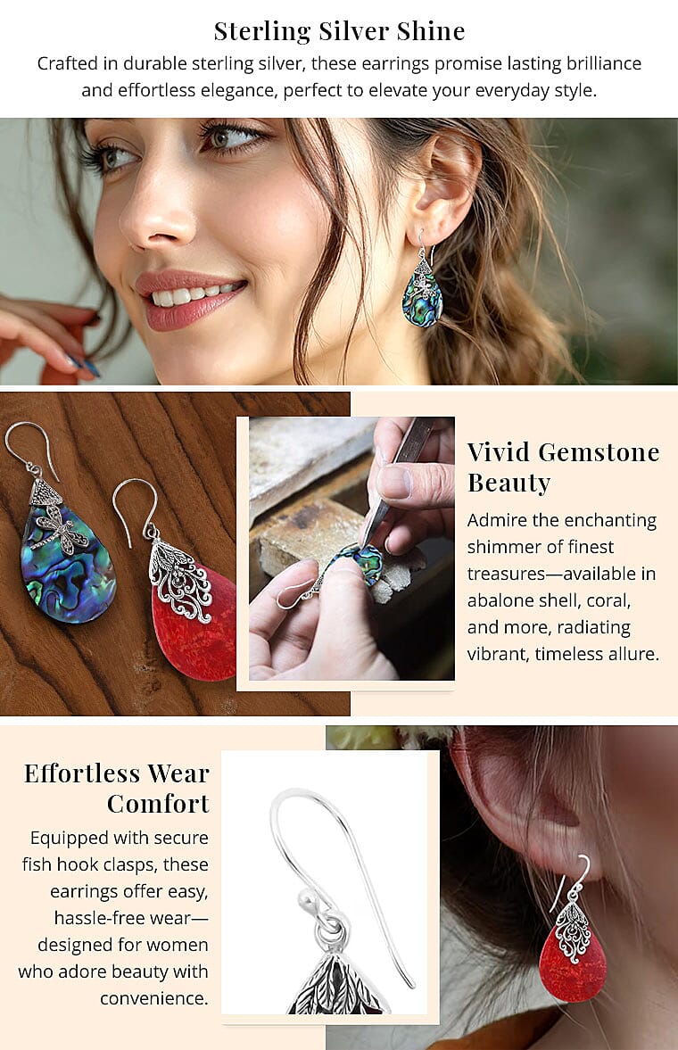 Abalone Shell Dragonfly Earrings in Sterling Silver, Drop Earrings Banner