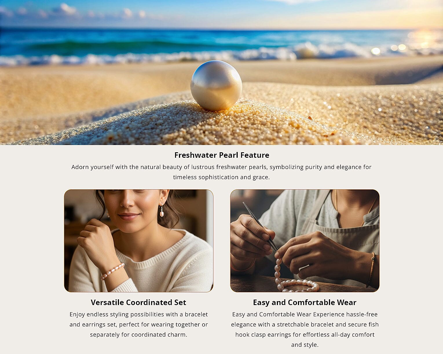 Freshwater Peach Cultured Pearl Stretch Bracelet and Earrings in Sterling Silver Banner