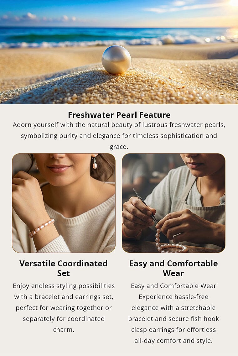 Freshwater Peach Cultured Pearl Stretch Bracelet and Earrings in Sterling Silver Banner