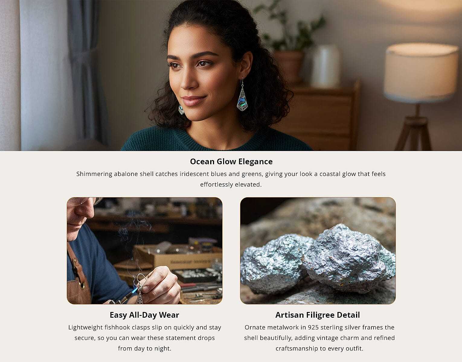 Abalone Shell Drop Earrings For Women in Sterling Silver, Beach Fashion Jewelry Banner